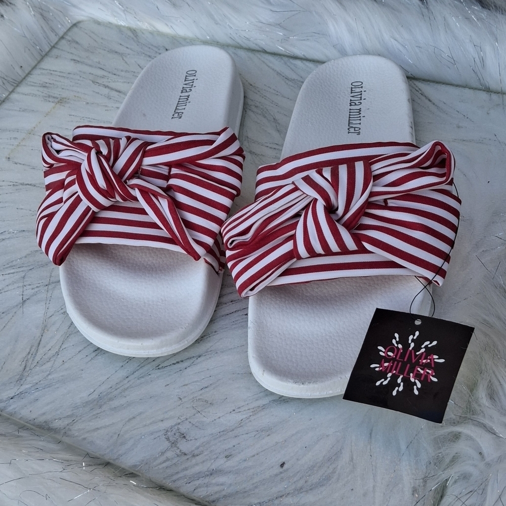 Olivia Miller Red and White Stripes Slip-On Low Wedge Sandals Women Size 6 - Picture 16 of 16